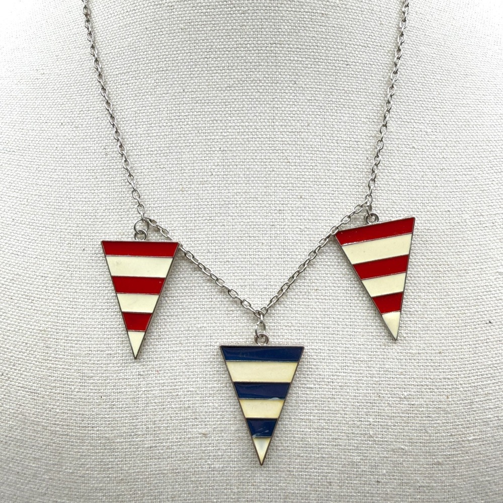 Red White Blue Enamel Triangle Pendant Necklace Geometric Striped Statement Gift